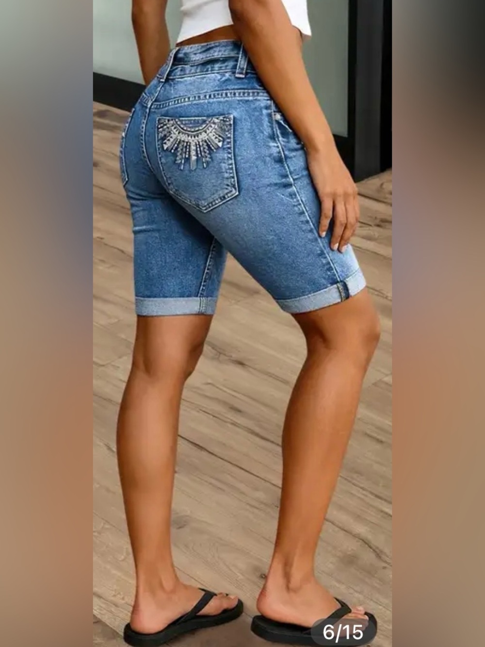 Flamingals Wash Tribal Embroidery Roll Hem Dual Button Mid Rise Bermuda Shorts